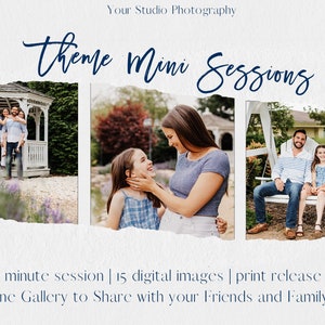 Puede incluir: Imagen promocional para un estudio de fotografía, con el texto "Theme Mini Sessions". La imagen muestra tres retratos familiares en entornos al aire libre. El texto en la imagen incluye detalles de la sesión e información de la galería en línea.