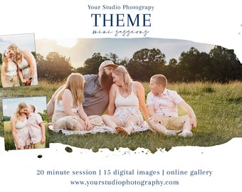 Completely editable Mini Session Template for Photoshop. You can change the words, fonts, colors, and pictures. Very versatile template.