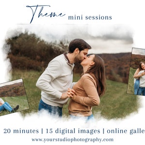 Puede incluir: Una imagen que promociona "Sesiones mini temáticas" con una pareja besándose al aire libre. La imagen incluye tres fotos más pequeñas de la pareja, y el texto "20 minutos | 15 imágenes digitales | galería online" y una dirección web.