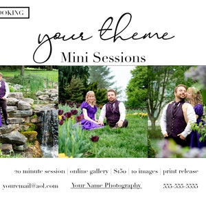 Puede incluir: Un folleto que anuncia mini sesiones de fotografía con el tema "tu tema". El folleto presenta tres imágenes de parejas en un entorno de jardín. El texto del folleto incluye las frases "NOW BOOKING", "sesión de 20 minutos", "galería en línea", "150 € por imágenes", "autorización de impresión", "youremail@aol.com", "Your Name Photography" y "555-555-5555".