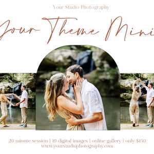 Puede incluir: Una pareja posa para una sesión de fotos en un área boscosa con una cascada de fondo. La pareja está vestida con ropa informal y sonríe. El texto "Your Theme Minis" está en la parte superior de la imagen. El texto "20 minute session | 10 digital images | online gallery | only €150" está en la parte inferior de la imagen. El texto "www.yourstudiophotography.com" está en la parte inferior de la imagen.