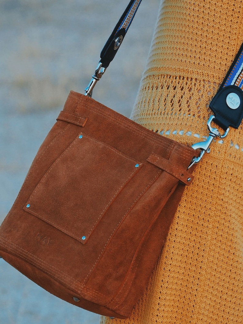 Bucket bag shoulder strap Caramel suede leather Santa Fé Collection image 1