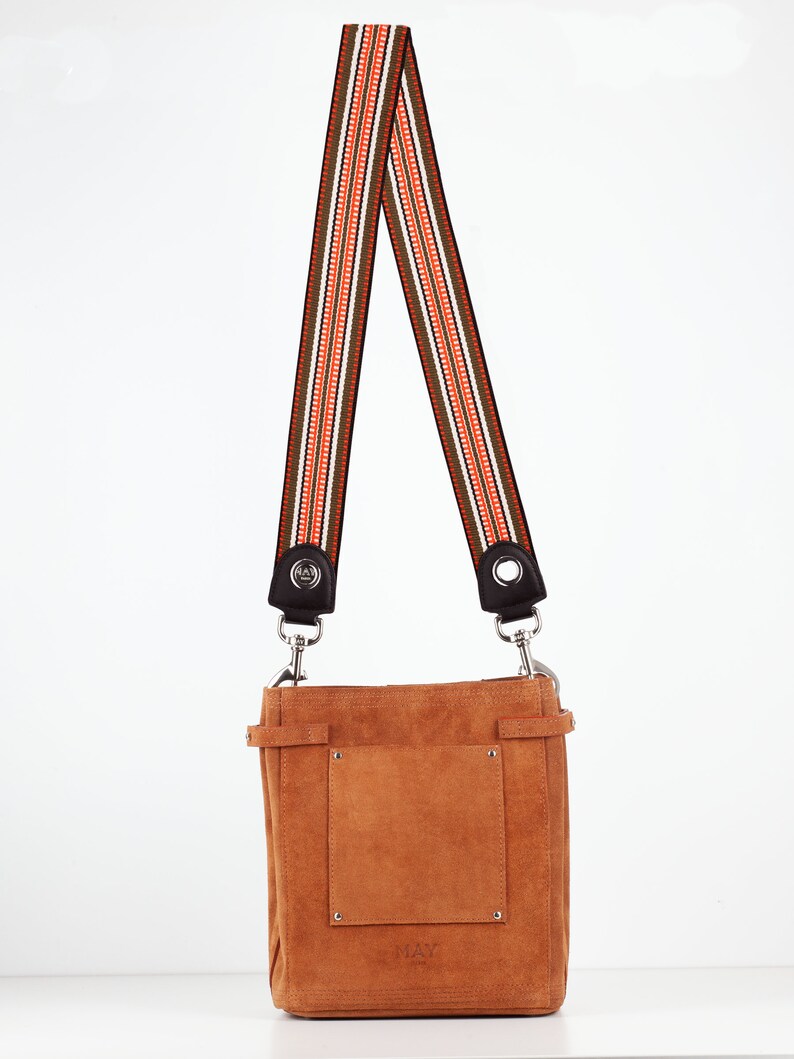 Bucket bag shoulder strap Caramel suede leather Santa Fé Collection Kaki et Orange