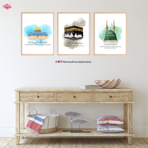 Set of 3 Digital Kaaba, AL Aqsa, Nabawi mosque Print, Islamic Wall Art, Islamic Home Decor,  Muslim Gift, Mosques art,Arabic Calligraphy