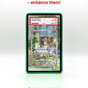 May include: A green-framed card holder with a graded Pok&eacute;mon card inside. The card features a Charmander illustration and the text "Heat Tackle". The holder is on a white surface. Text on the image reads "Don't just protect your favourite cards - enhance them!"