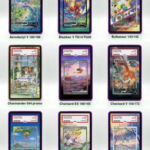 May include: Nine Pokemon trading cards in protective cases. The cards feature various characters, including Aerodactyl, Blaziken, Bulbasaur, Charmander, Charizard, Rowlet, Milotic, and Glaceon. Each card has a unique design and number.