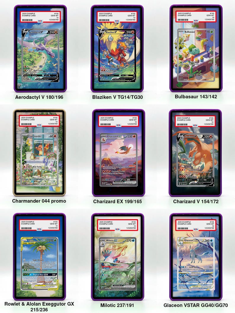 May include: Nine Pokemon trading cards in protective cases. The cards feature various characters, including Aerodactyl, Blaziken, Bulbasaur, Charmander, Charizard, Rowlet, Milotic, and Glaceon. Each card has a unique design and number.