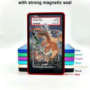 May include: A red UV-resistant aluminum case with a strong magnetic seal, holding a graded Charizard V trading card. The image shows a stack of cases in various colors: blue, green, purple, aqua, champagne, and black.
