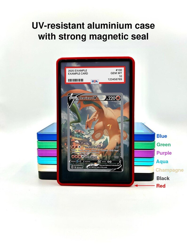 May include: A red UV-resistant aluminum case with a strong magnetic seal, holding a graded Charizard V trading card. The image shows a stack of cases in various colors: blue, green, purple, aqua, champagne, and black.