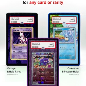 May include: Three trading card displays with unique card art. The cards are in black, blue, and purple frames. The text reads "Unique patterns and custom prints for any card or rarity." The cards include Mewtwo, Spheal, and Gengar.