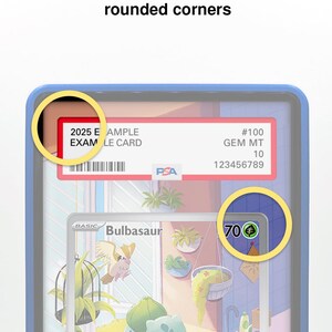 May include: A blue protective case with rounded corners, holding a trading card. The card features a Bulbasaur illustration and the text "2025 EXAMPLE CARD". The case has a snug, seamless fit.