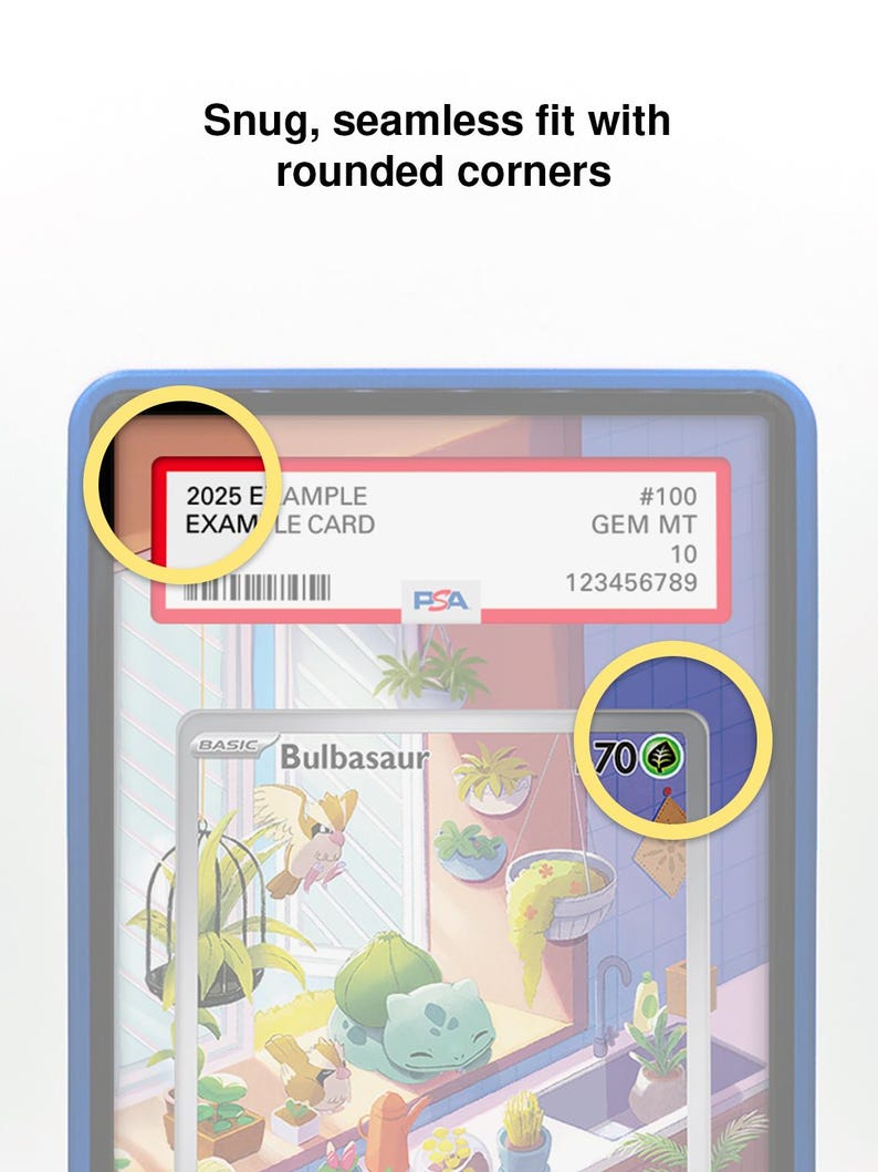 May include: A blue protective case with rounded corners, holding a trading card. The card features a Bulbasaur illustration and the text "2025 EXAMPLE CARD". The case has a snug, seamless fit.
