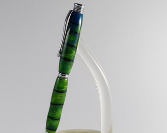 Hand-turned ballpoint pen in green with black cross stripes and blue head