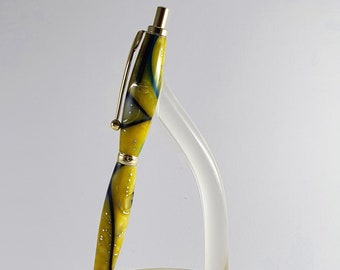 Kugelschreiber mit Aluminium in Gelb und blauen Streifen mit Harz versiegelt