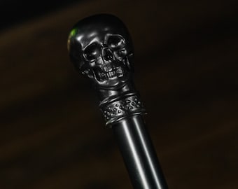 Hand Carved Walking Stick with Black Skull Knob Handle for Men, Walking Cane Gothic Style, Wooden Unique Cane