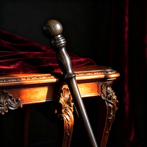 Può includere: Un bastone di legno marrone scuro con una parte superiore arrotondata e un'impugnatura intagliata. Il bastone è appoggiato a un tavolo in legno d'epoca con intagli ornati. Un panno di velluto rosso è drappeggiato sulla tavola.