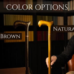 May include: The image displays two wooden walking canes, one brown and one natural. The canes have curved handles and are presented against a backdrop of bookshelves. The text "COLOR OPTIONS" is at the top, with "BROWN" and "NATURAL" labeling each cane.