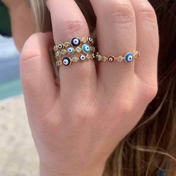 18K Gold Plated on Sterling Silver Evil Eye Rings by Bara Boheme
