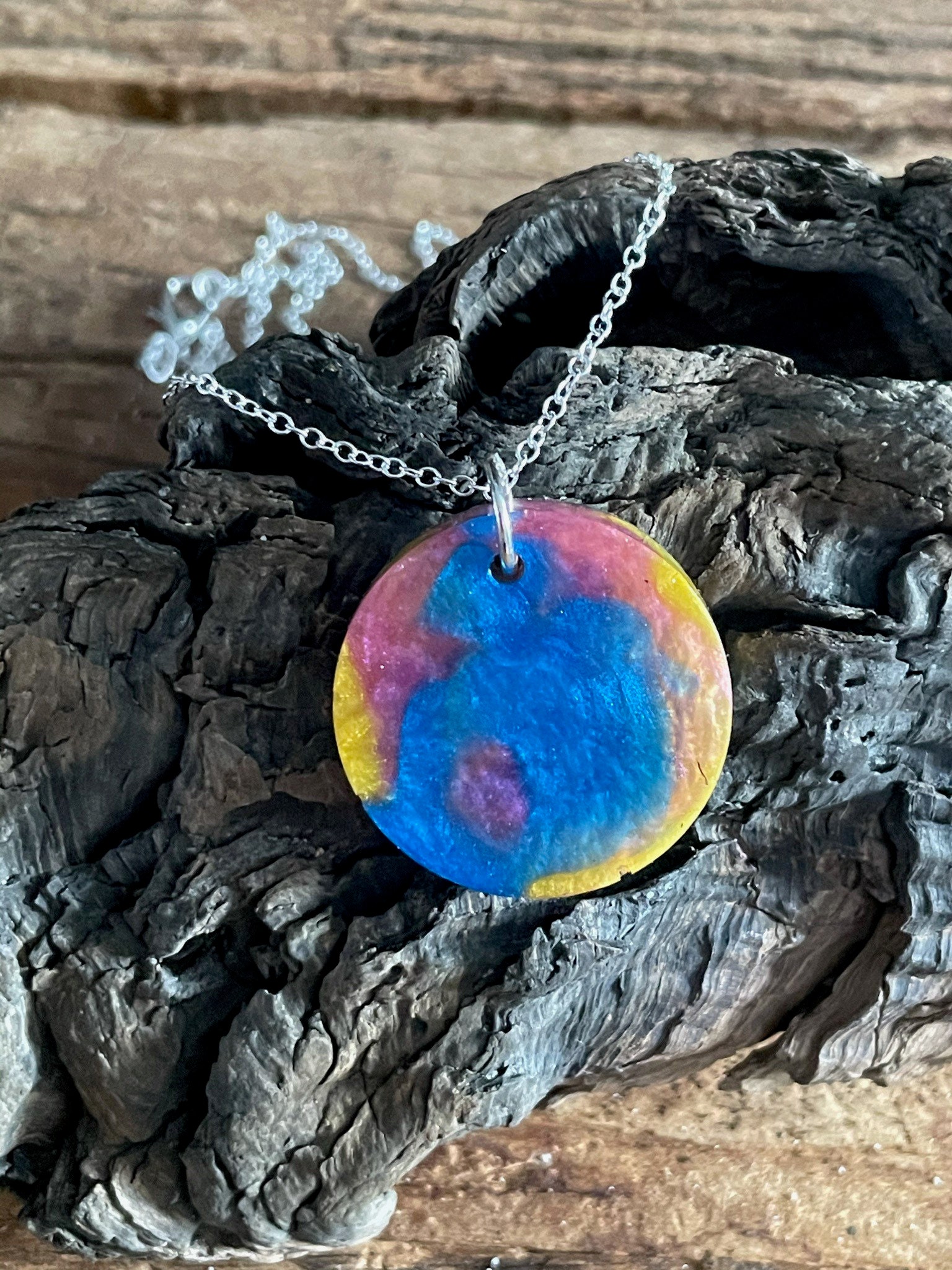 Blue Pink and Yellow Shimmer in a Circle Epoxy Molded Pendant | Etsy