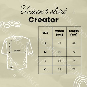 K&ouml;nnte beinhalten: Eine Gr&ouml;&szlig;entabelle f&uuml;r ein Unisex-T-Shirt, die die Breite und L&auml;nge in Zentimetern f&uuml;r die Gr&ouml;&szlig;en S, M, L und XL zeigt.