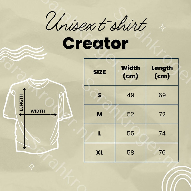 K&ouml;nnte beinhalten: Eine Gr&ouml;&szlig;entabelle f&uuml;r ein Unisex-T-Shirt, die die Breite und L&auml;nge in Zentimetern f&uuml;r die Gr&ouml;&szlig;en S, M, L und XL zeigt.