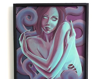 Sea Goddess original acrylic painting on wood canvas - carved painting - unique wall art