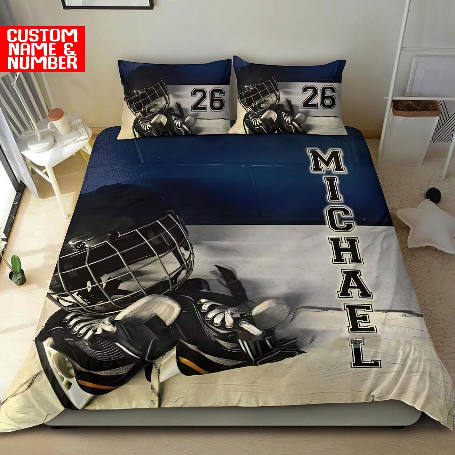Custom Name And Number Hockey Bedding Sets Personalized Etsy