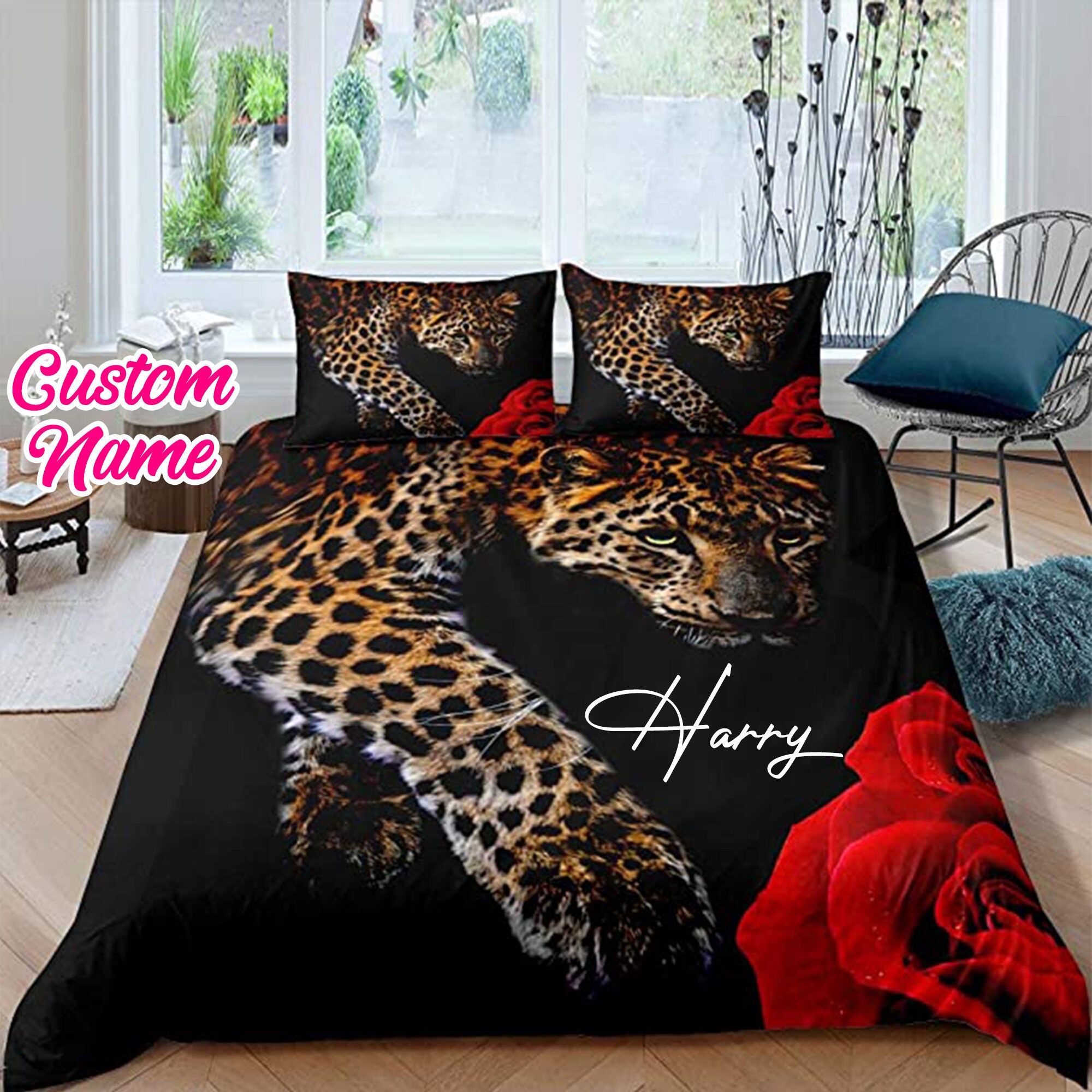 Personalized Leopard Bedding Set Rose Flower Bedding Set Etsy