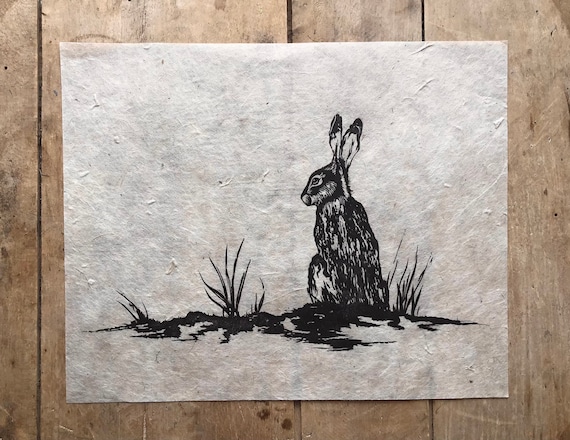 somerset artist black and white hand cut handmade Hare ~ Original  Lino Print hand carved hares lino print handprinted