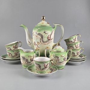 Vintage Japanese Dragonware Tea Set: Moriage Porcelain Service for 6