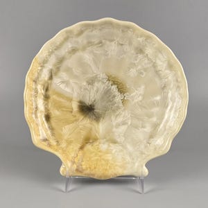 May include: A decorative, off-white plate with a unique, textured surface. The plate has a scalloped edge and a natural, organic design with shades of yellow and brown. The plate is displayed on a clear stand.