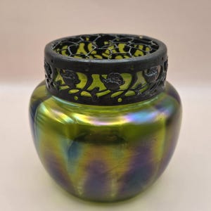Kralik Art Nouveau Potpourri Jar | Antique Bohemian Iridescent Glass | Hand Blown Luster Lidded Jar with Pierced Lid