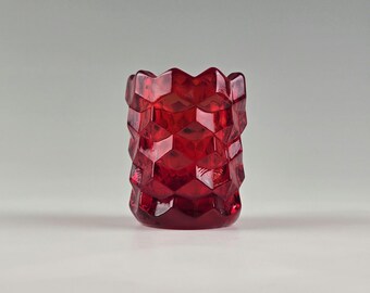 Fostoria American Ruby Toothpick Holder FGSA 1983 | Pressed Glass Cube Pattern | Vintage Fostoria Glass Society Souvenir | Red Elegant Glass