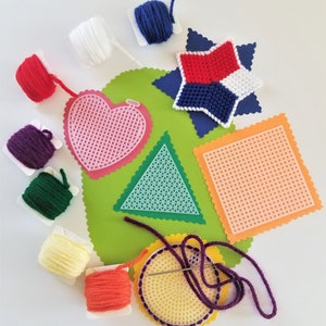 Montessori Practical Life Skills Learning how to Sew Kit / &quot;Basic Shapes&quot;  Sewing Kit/ Kids Craft Kit with Needle Holder and Carrying Case