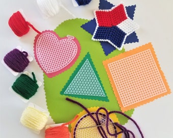 Montessori Practical Life Skills Learning how to Sew Kit / "Basic Shapes"  Sewing Kit/ Kids Craft Kit with Needle Holder and Carrying Case