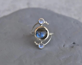 Sterling silver labradorite ring , Bridesmaid gift , Gift for her, Natural Moonstone and Labradorite ring , Blue flashy two gemstone ring