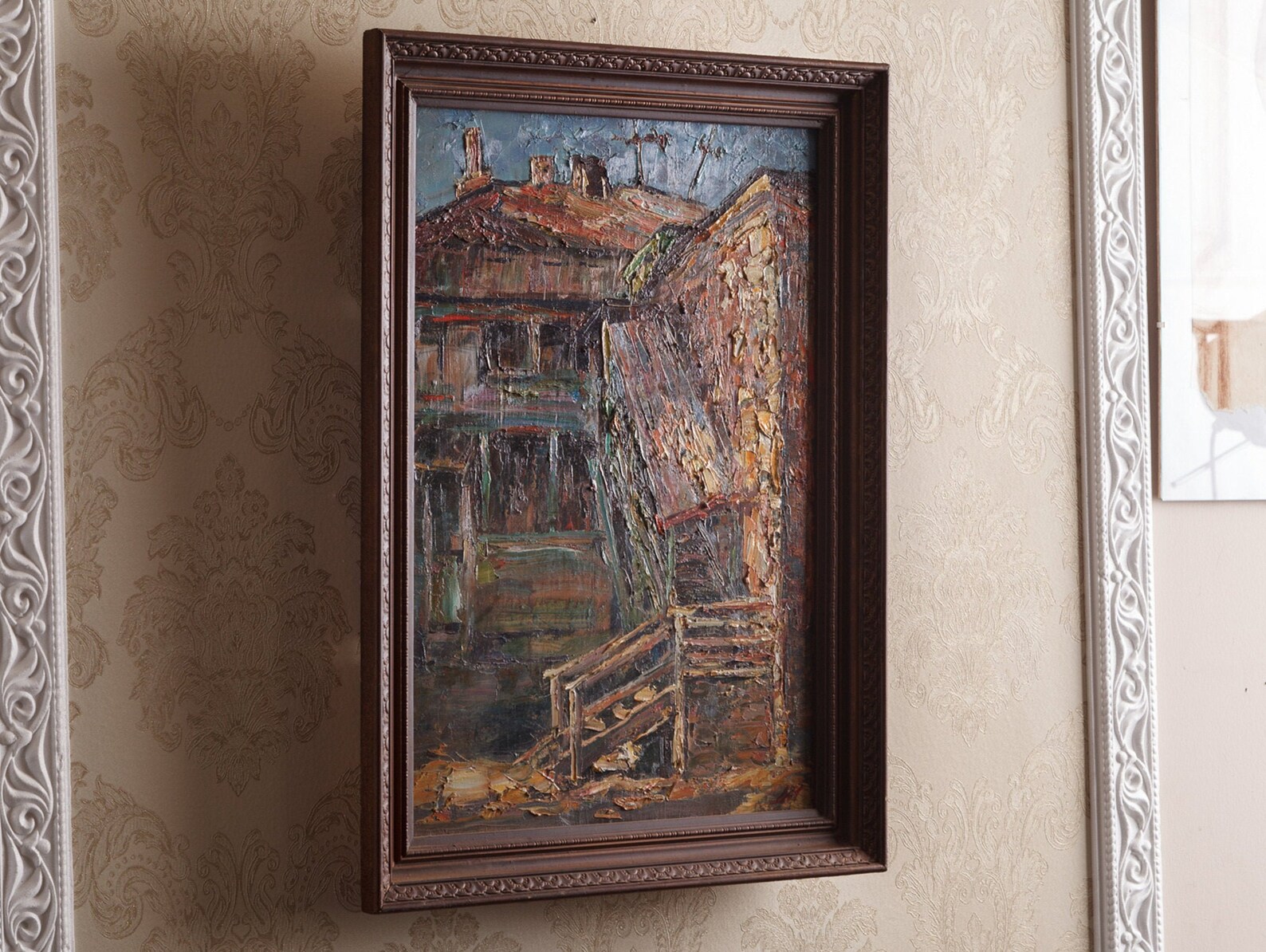 VINTAGE oil OLD HOUSE canvas art Framed textured living room Etsy