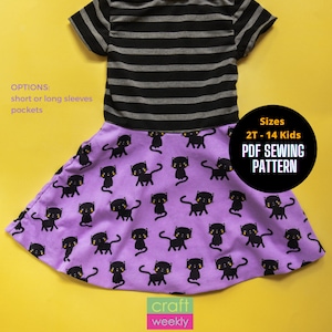 PDF Dress Pattern For Girls, Easy Kids Dress Pattern for Knit Fabric, Back To School Dress Pattern, Girls Sewing Pattern sizes 2T - 14 Kids
