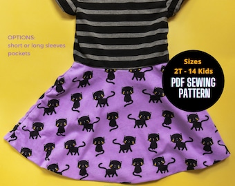PDF Dress Pattern For Girls, Easy Kids Dress Pattern for Knit Fabric, Back To School Dress Pattern, Girls Sewing Pattern sizes 2T - 14 Kids