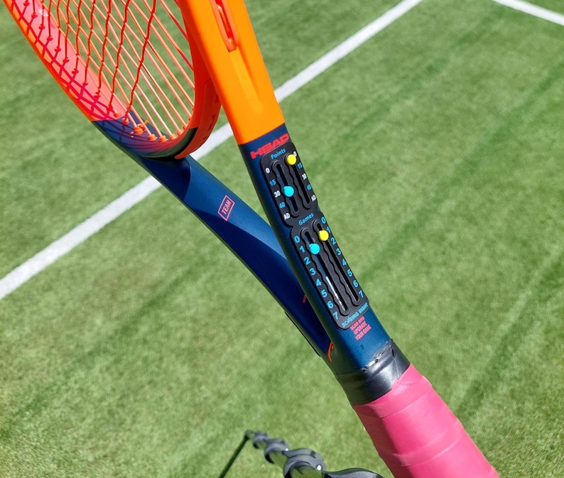 Scoring right tennis score keeper attached to the throat of a tennis racquet