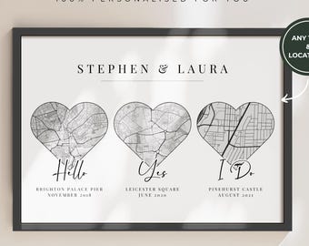 Personalised Anniversary Gift for Her, Met Engaged Married Couple Gift, Anniversary Map Gift, Where We Met Map, First Anniversary Map Print
