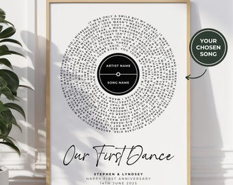 Song Lyrics Record Print, Personalised Music Art Gift, Any Artist Band, Framed Lyric Birthday Anniversary Wedding First Dance Christening