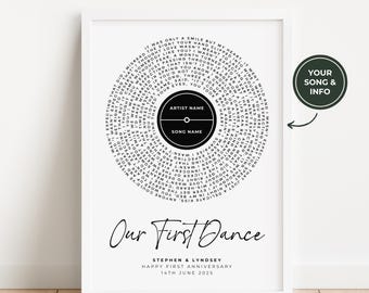 Song Lyrics Record Print, Personalised Music Art Gift, Any Artist Band, Framed Lyric Birthday Anniversary Wedding First Dance Christening