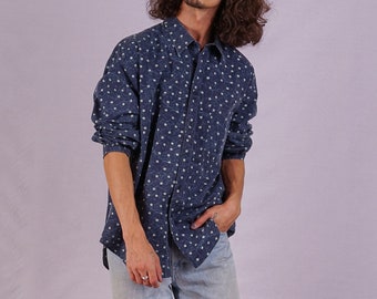 Vintage Navi Blaues Shirt mit langen Ärmeln für Männer