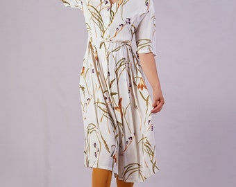 Long White Dress with Natural Print