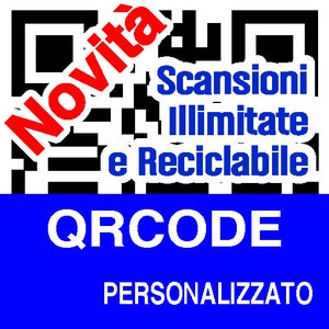 Puede incluir: Un código QR en blanco y negro con el texto "Novita" en rojo, "Scansioni Illimitate e Riciclabile" en azul y "QR CODE PERSONALIZZATO" en blanco.