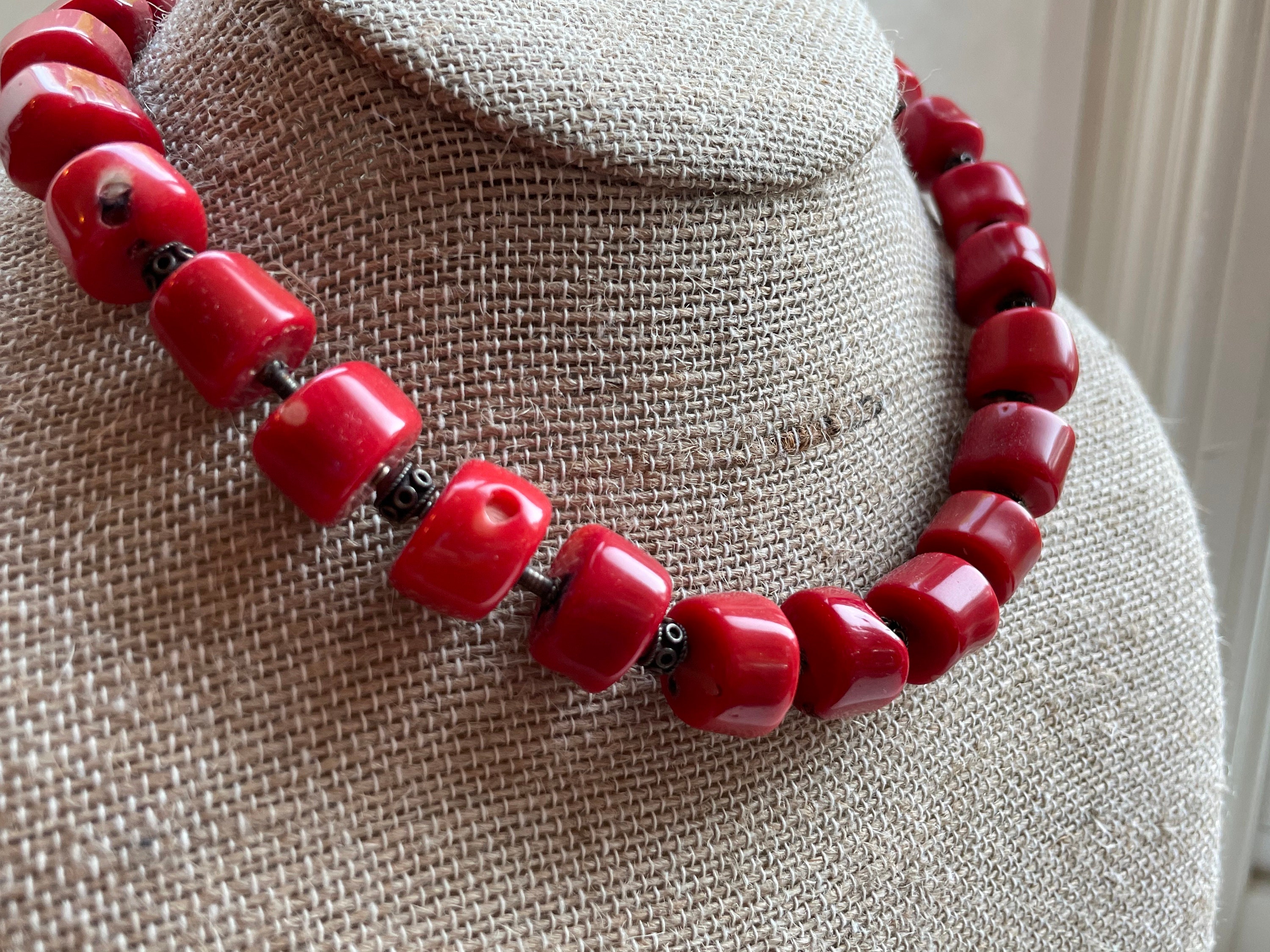 Beaded Coral Necklace W/ Sterling Silver Etsy UK
