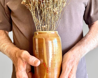 Wood fired stoneware vase, cylinder vase, tall flower vase, handmade with an orange shino & golden yellow stripe. Rustic farmhouse decor.