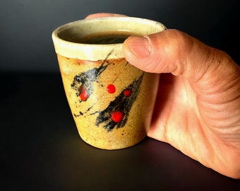 Wood fired pottery small cup, cortado cup no handle, ceramic shot glass, sake cup, handmade stoneware in caramel colors and paint splatters