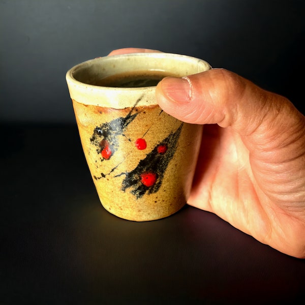 Wood fired pottery small cup, cortado cup no handle, ceramic shot glass, sake cup, handmade stoneware in caramel colors and paint splatters